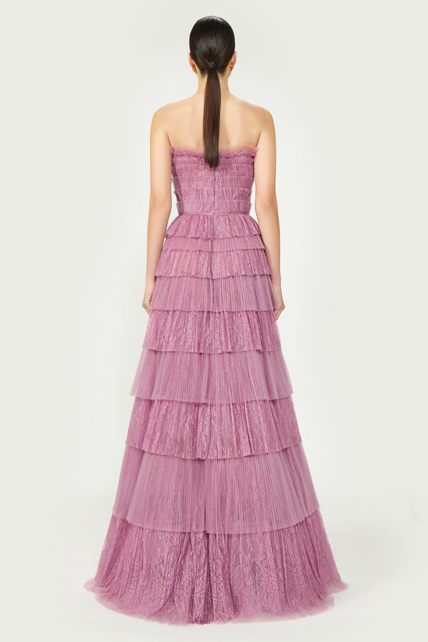 Costarellos Trissa Plissé Strapless Gown