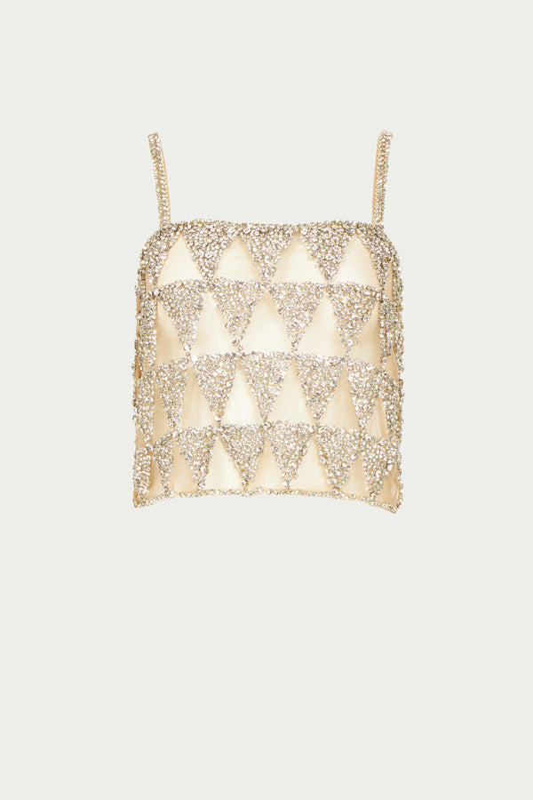 Costarellos Villie Crystal Tulle Cropped Top