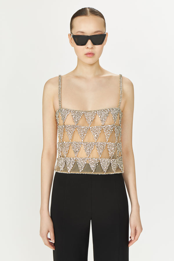 costarellos Villie Crystal Tulle Cropped Top