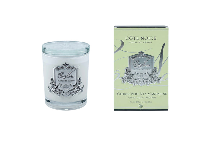 côte noire ** CLEARANCE ** Cote Noire Candles - White Vessel with Silver Badge - Persian Lime & Tangerine