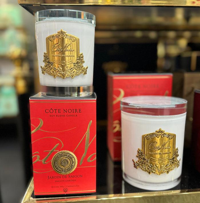 Côte Noire ** CLEARANCE ** Cote Noire Christmas Day 450g Candle - White Vessel With Gold Badge - Saigon Garden