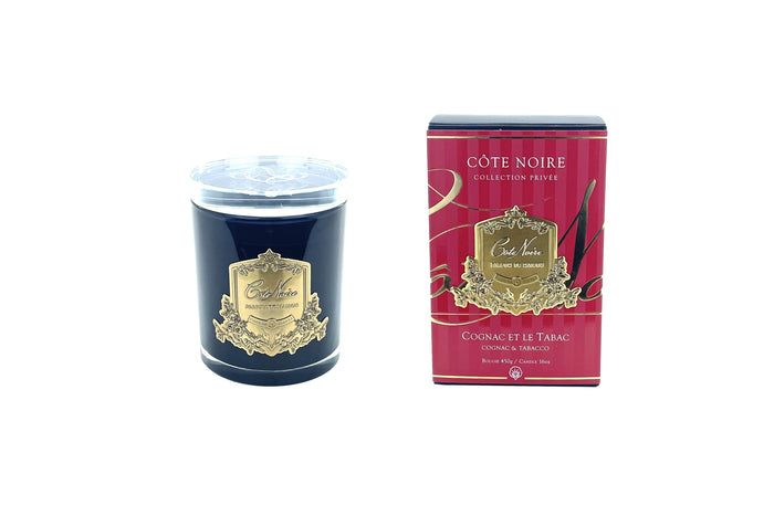 côte noire Cote Noire Candles - Dark Vessel with Gold Badge - Cognac & Tobacco
