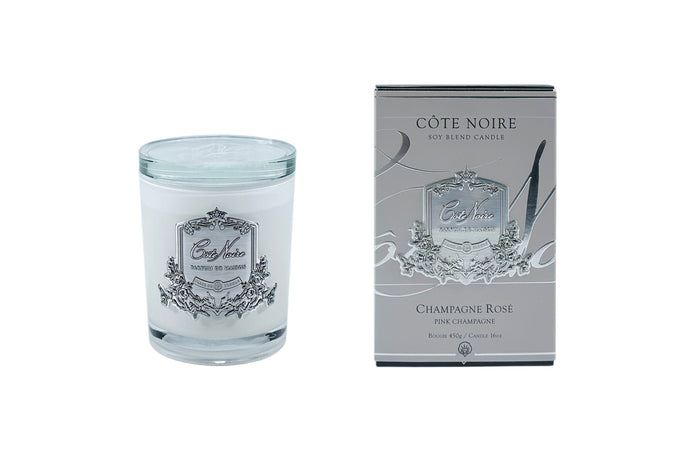 côte noire Cote Noire Candles - White Vessel with Silver Badge - Pink Champagne
