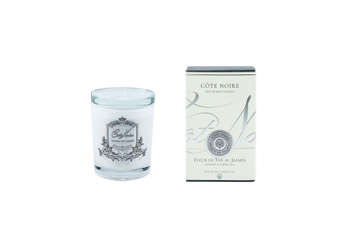 côte noire Cote Noire Candles - White Vessel with Silver Badge - Jasmine Flower Tea