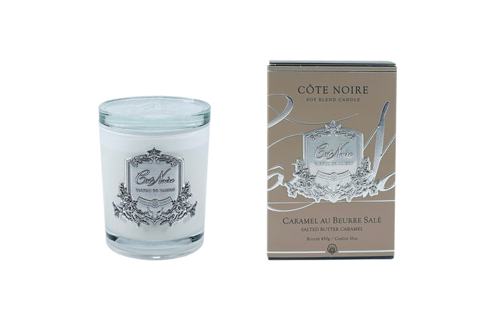 côte noire Cote Noire Candles - White Vessel with Silver Badge - Salted Butter Caramel
