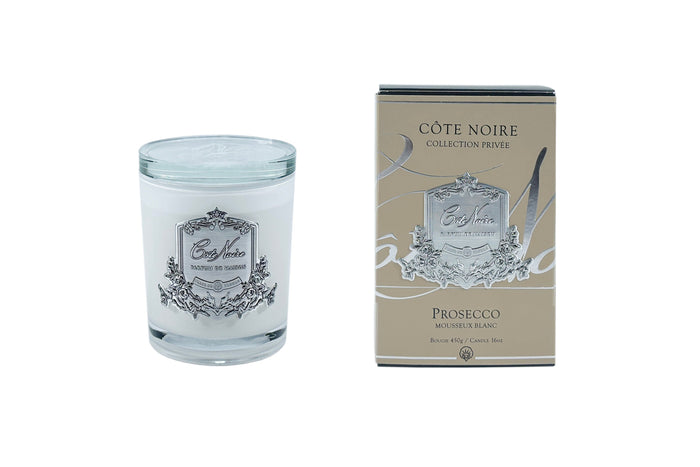 côte noire Cote Noire Candles - White Vessel with Silver Badge - Prosecco