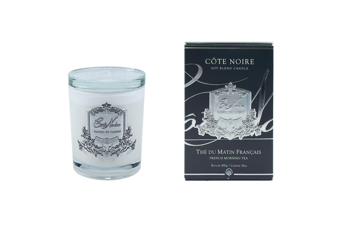 côte noire Cote Noire Candles - White Vessel with Silver Badge - French Morning Tea