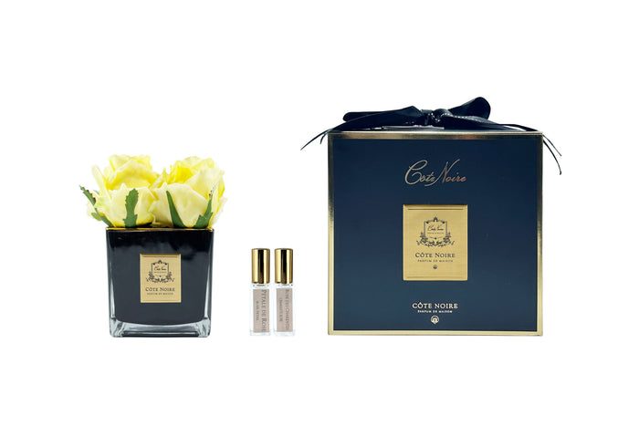 côte noire Cote Noire Couture 4 Rose Buds - Square Black Vase - Gold & Yellow - SVB408