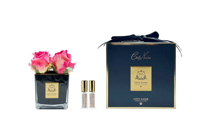 côte noire Cote Noire Couture 4 Rose Buds - Square Black Vase - Gold & Magenta - SVB407