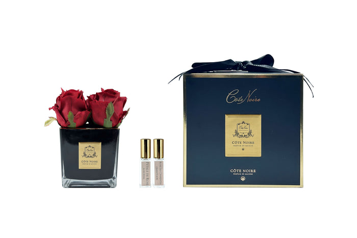 côte noire Cote Noire Couture 4 Rose Buds - Square Black Vase - Gold & Red - SVB404