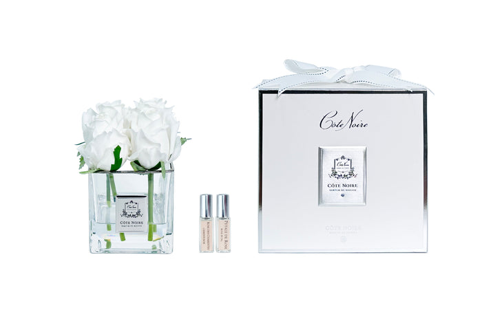 côte noire Cote Noire Couture 4 Rose Buds - Square Clear Vase - Silver & White - SVS401