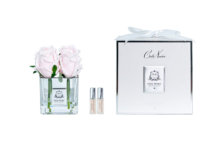 côte noire Cote Noire Couture 4 Rose Buds - Square Clear Vase - Silver & French Pink - SVS406