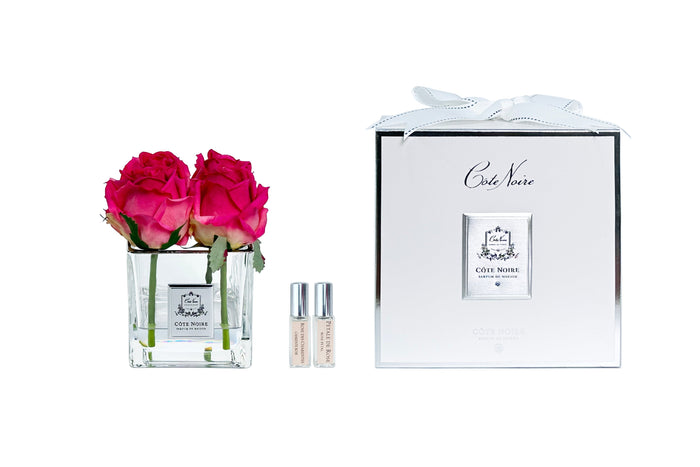 côte noire Cote Noire Couture 4 Rose Buds - Square Clear Vase - Sliver & Magenta - SVS407