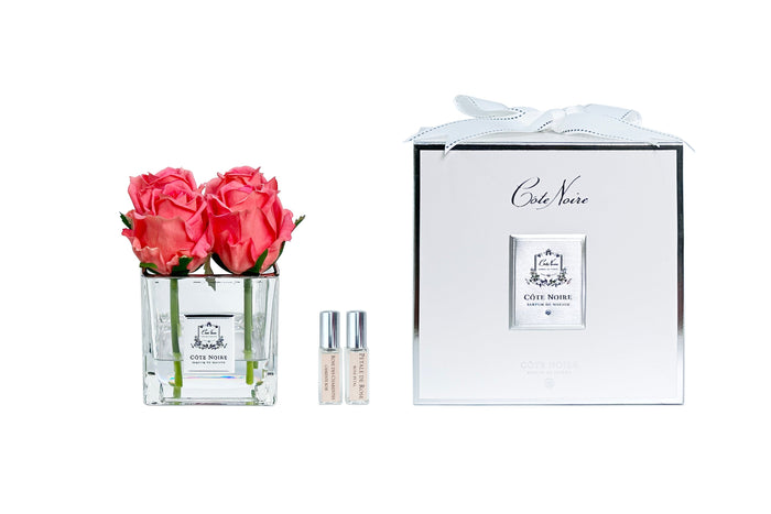 côte noire Cote Noire Couture 4 Rose Buds - Square Clear Vase - Silver & Peach - SVS405