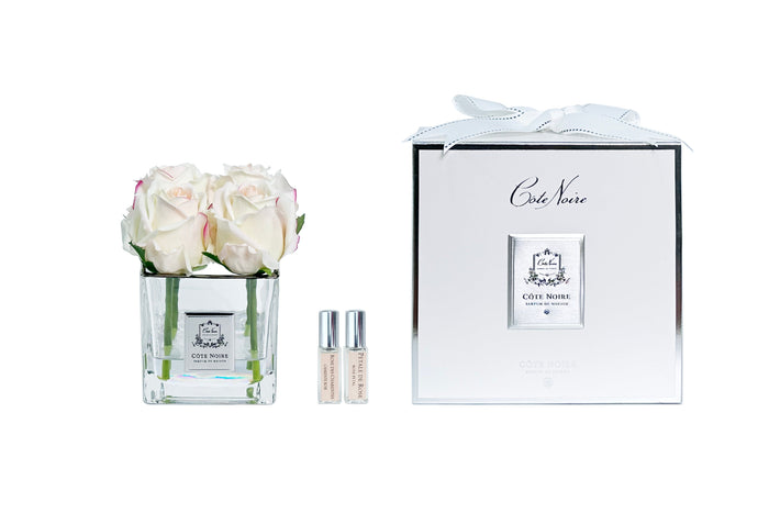 côte noire Cote Noire Couture 4 Rose Buds - Square Clear Vase - Silver & Pink Blush - SVS402