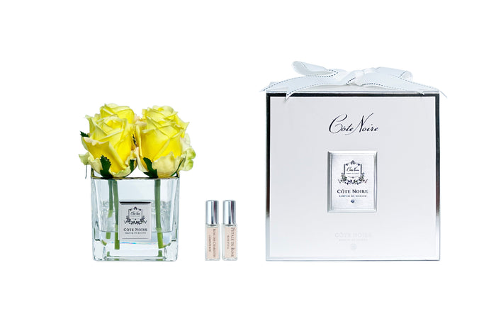 côte noire Cote Noire Couture 4 Rose Buds -Square Clear Vase - Silver & Yellow - SVS408