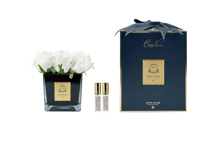 côte noire Cote Noire Couture 9 Rose Buds - Square Black Vase - Gold & White - SVB901