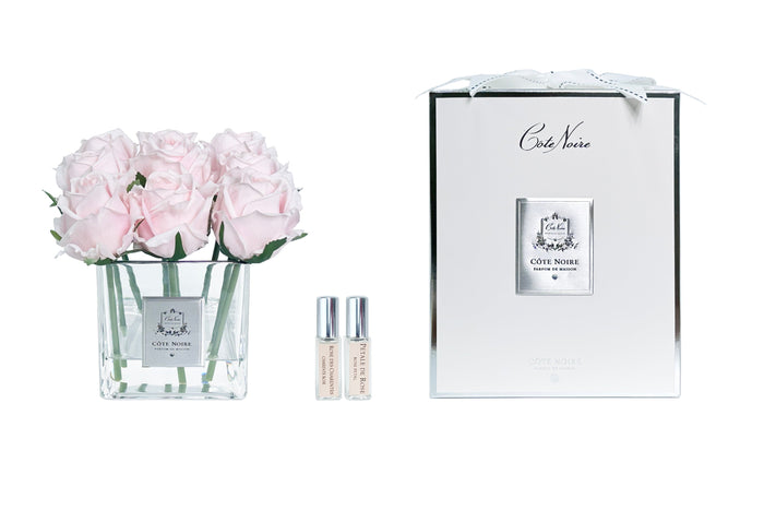 côte noire Cote Noire Couture 9 Rose Buds - Square Clear Vase - Silver & French Pink - SVS906