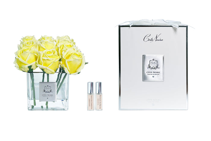 côte noire Cote Noire Couture 9 Rose Buds - Square Clear Vase - Silver & Yellow - SVS908