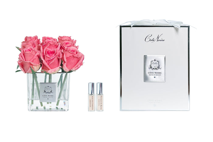 côte noire Cote Noire Couture 9 Rose Buds - Square Clear Vase - Silver & Peach - SVS905