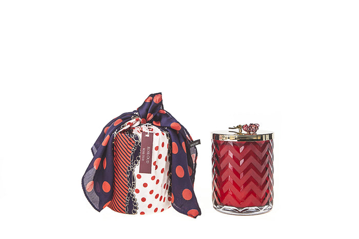 Côte Noire Cote Noire Herringbone Candle With Scarf - Red & Gold - Red Rose Brooch - Rose Oud - HCG07