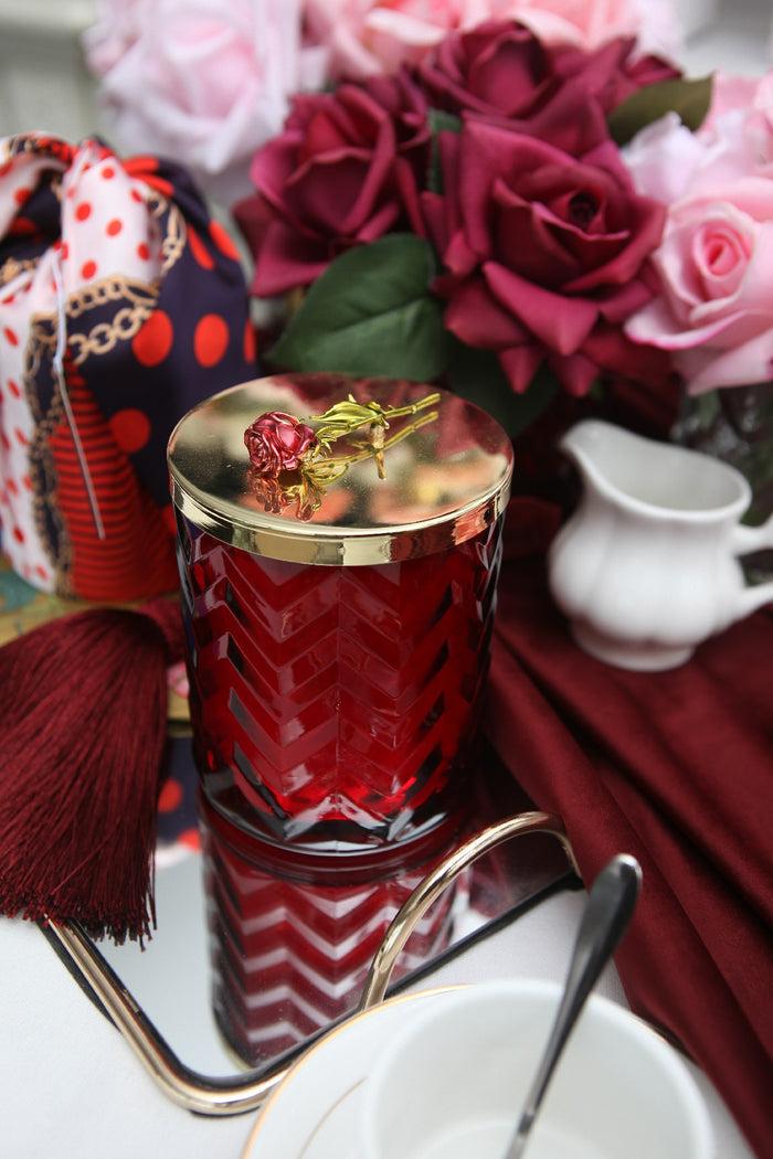 Côte Noire Cote Noire Herringbone Candle With Scarf - Red & Gold - Red Rose Brooch - Rose Oud - HCG07
