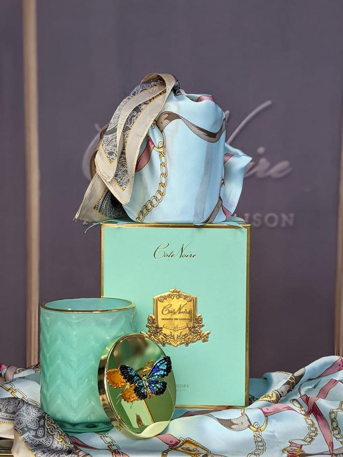 Côte Noire Cote Noire Herringbone Candle With Scarf - Tiffany Blue & Gold - Butterfly Brooch - Persian Lime - HCG51