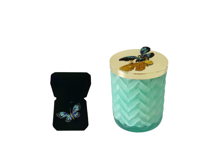 Côte Noire Cote Noire Herringbone Candle With Scarf - Tiffany Blue & Gold - Butterfly Brooch - Persian Lime - HCG51