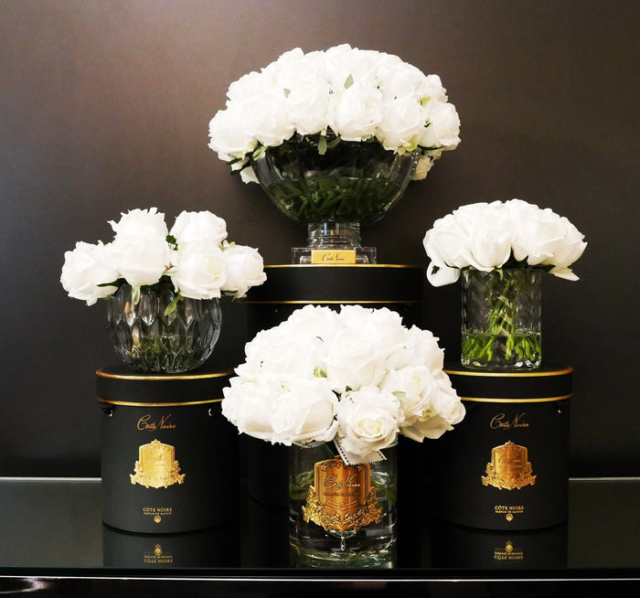 Côte Noire Cote Noire Luxury Centrepiece 37 Rose Bud Bouquet - White & Gold Badge - CPRB11