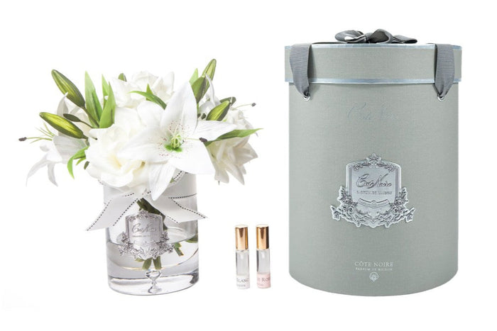 côte noire Cote Noire Luxury Lilies & Roses Bouquet - White - Silver Badge - LRL01