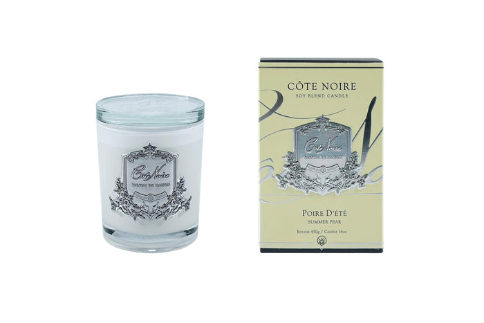 côte noire ** DISCONTINUED ** Cote Noire Candle - White Vessel 450g with Silver Badge - Summer Pear