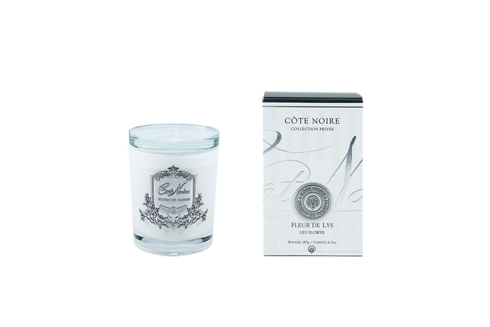 Côte Noire ** DISCONTINUED ** Cote Noire Candles - White Vessel With Silver Badge - Lily Flower