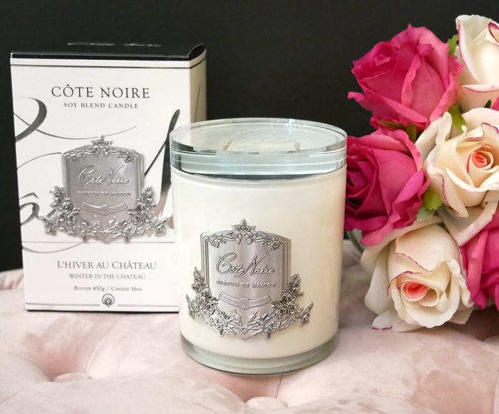 Côte Noire ** DISCONTINUED ** Cote Noire Candles - White Vessel With Silver Badge - Winter In The Chateau