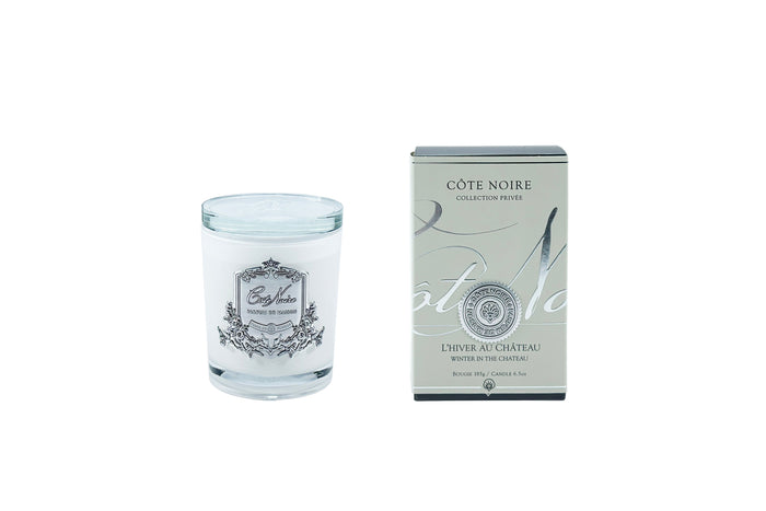 Côte Noire ** DISCONTINUED ** Cote Noire Candles - White Vessel With Silver Badge - Winter In The Chateau