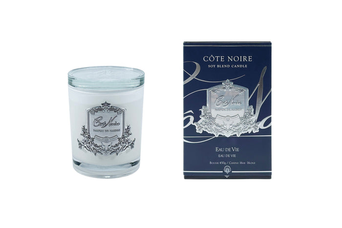 côte noire ** DISCONTINUED ** Cote Noire Candles - White Vessel with Silver Badge - Eau De Vie