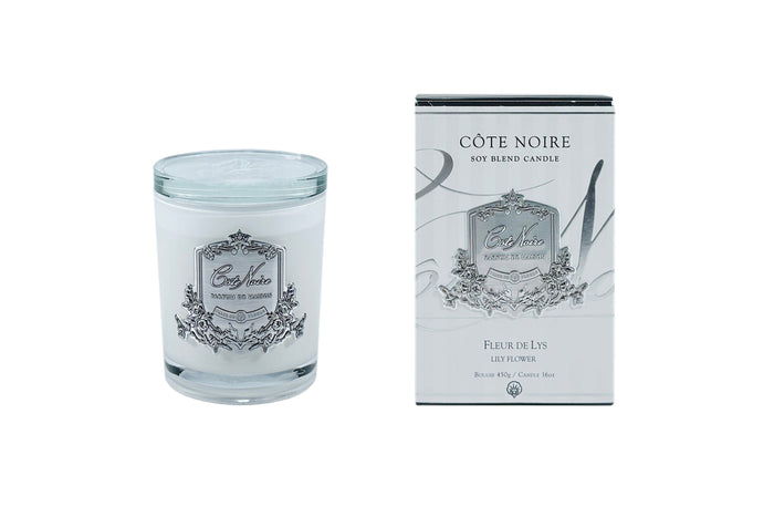 côte noire ** DISCONTINUED ** Cote Noire Candles - White Vessel with Silver Badge - Lily Flower