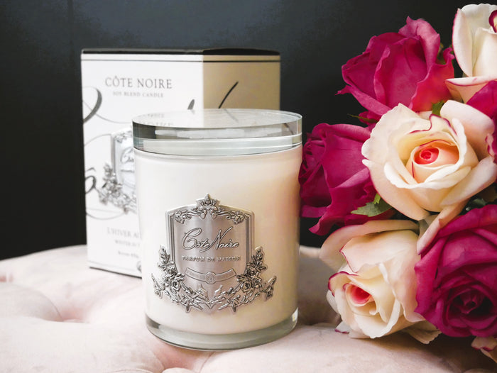 Côte Noire ** DISCONTINUED ** Cote Noire Candles - White Vessel With Silver Badge - Winter In The Chateau