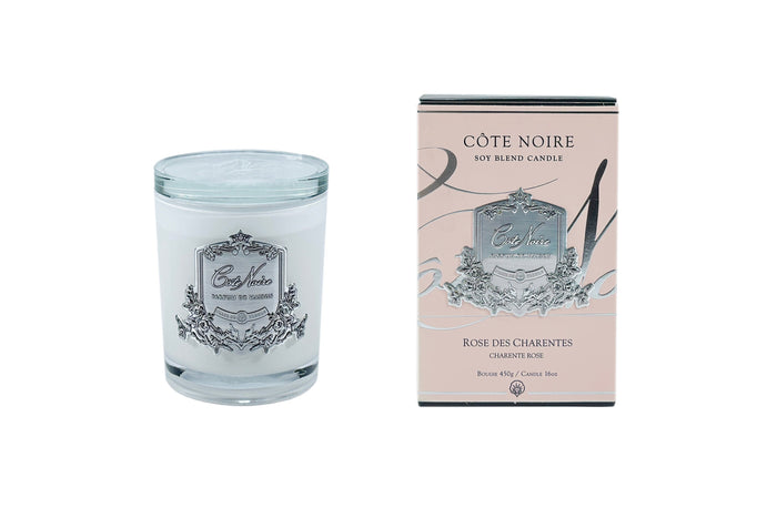 côte noire ** DISCONTINUED ** Cote Noire Candles - White Vessel with Silver Badge - Charente Rose