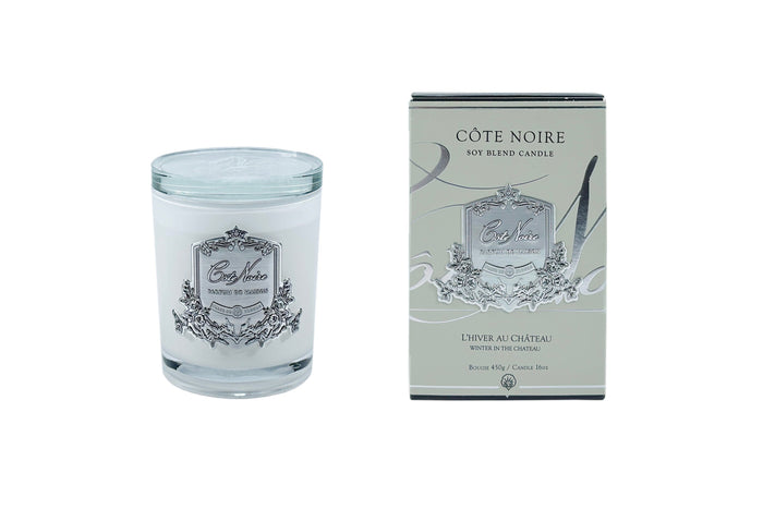 côte noire ** DISCONTINUED ** Cote Noire Candles - White Vessel with Silver Badge - Winter in the Chateau