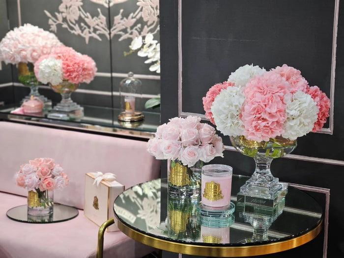 Côte Noire ** DISCONTINUED ** Cote Noire Provence Hydrangea Bouquet - Medium Mixed Pink With Gold Badge - PHB02M