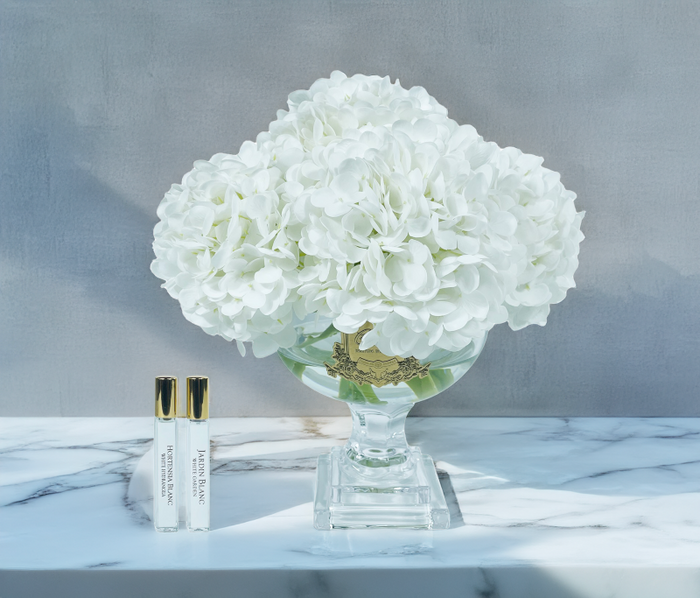 Côte Noire ** DISCONTINUED ** Cote Noire Provence Hydrangea Bouquet - Medium White With Gold Badge - PHB21M