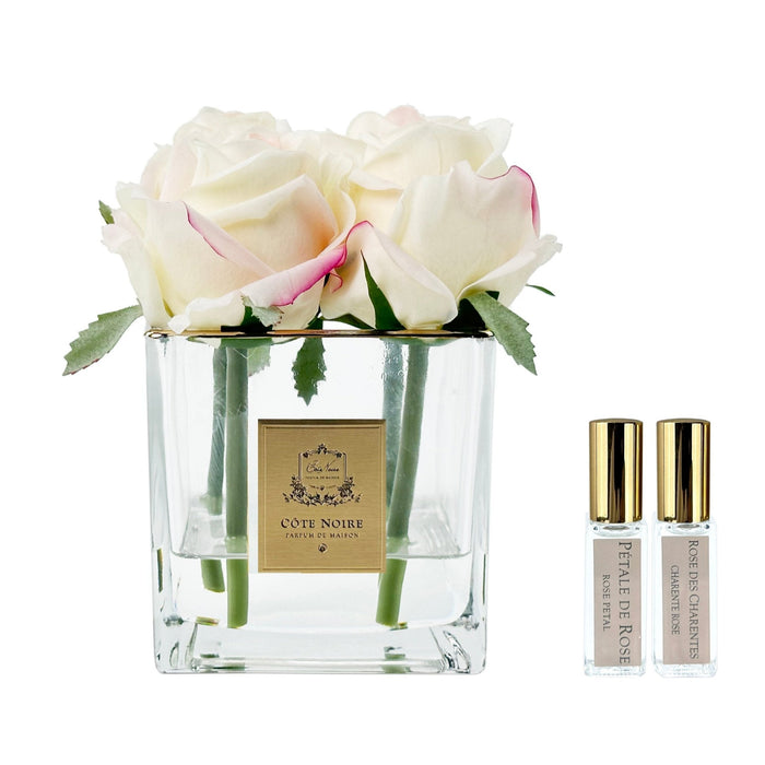 Côte Noire ** LIMITED ** Cote Noire Couture 4 Rose Buds - Square Clear Vase - Gold & Pink Blush - SVC402