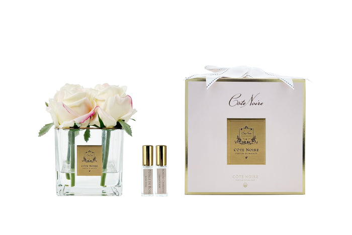 côte noire ** LIMITED ** Cote Noire Couture 4 Rose Buds - Square Clear Vase - Gold & Pink Blush - SVC402