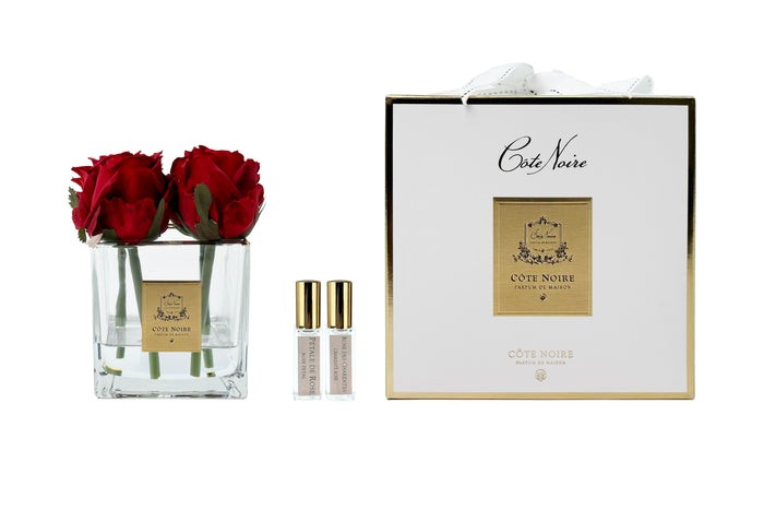 côte noire ** LIMITED ** Cote Noire Couture 4 Rose Buds - Square Clear Vase - Gold & Red - SVC404