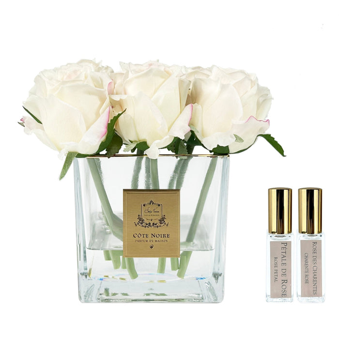 Côte Noire ** LIMITED ** Cote Noire Couture 9 Rose Buds - Square Clear Vase - Gold & Pink Blush - SVC902