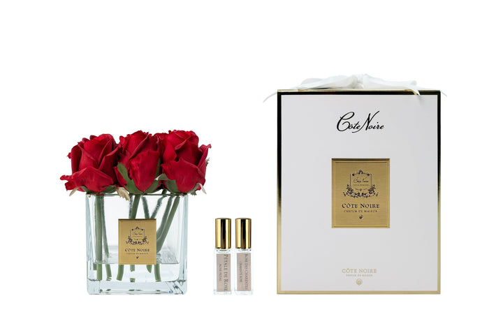 côte noire ** LIMITED ** Cote Noire Couture 9 Rose Buds - Square Clear Vase - Gold & Red - SVC904