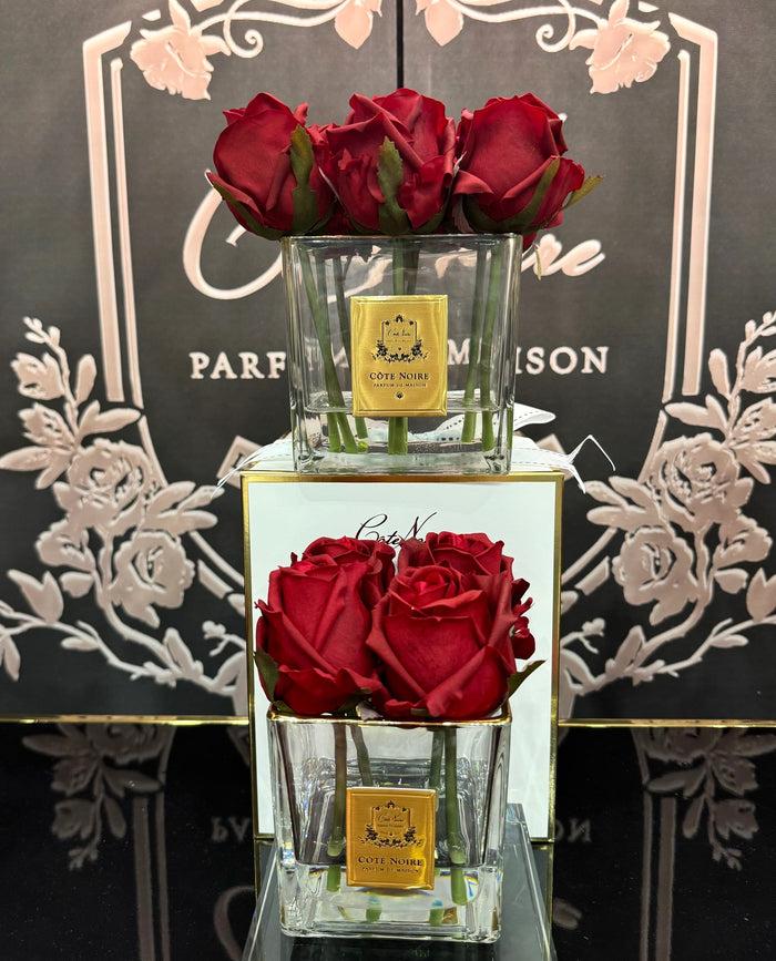 Côte Noire ** LIMITED ** Cote Noire Couture 9 Rose Buds - Square Clear Vase - Gold & Red - SVC904