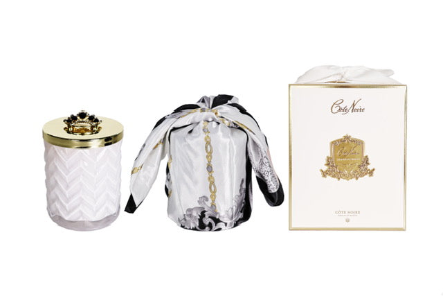 côte noire ** NEW ** Cote Noire Herringbone Candle with Scarf - White & Gold - Crown Brooch - Prosecco - HCG32
