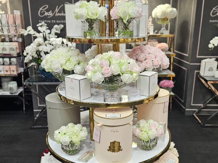 Côte Noire ** NEW ** Cote Noire Luxury Centrepiece 37 Rose Bud Bouquet - Pink Green & White - Silver Badge - CPRB13