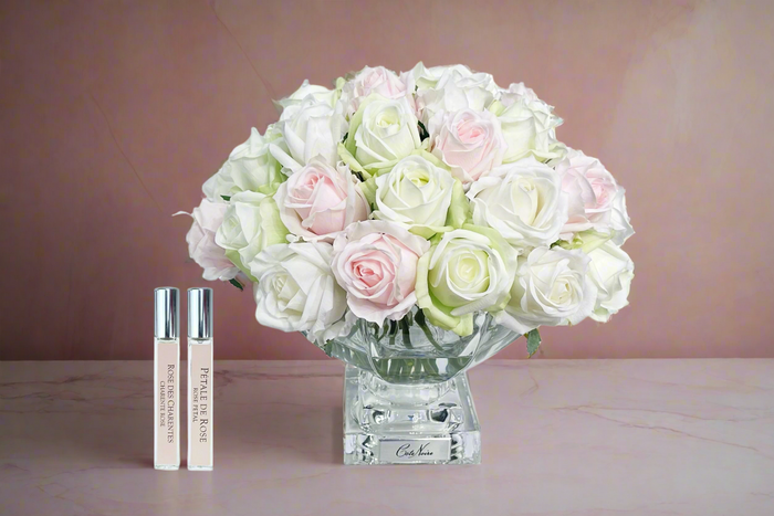 côte noire ** NEW ** Cote Noire Luxury Centrepiece 37 Rose Bud Bouquet - Pink Green & White - Silver Badge - CPRB13